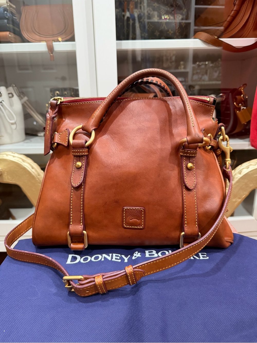 Dooney & Bourke Chestnut Brown Leather Satchel with Crossbody Strap - Picture 2 of 16